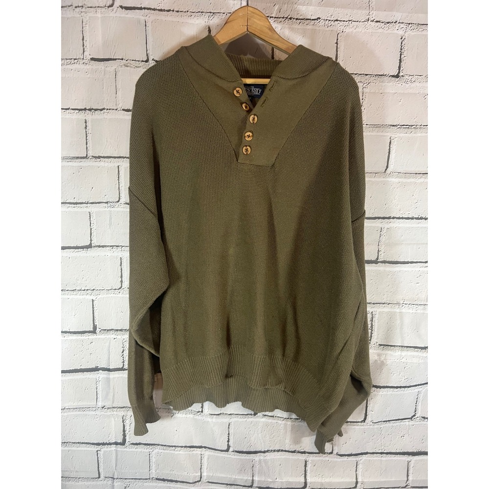 Vintage Lands End Mens XL Cotton Henley Sweater Olive Green Made in USA Shaker